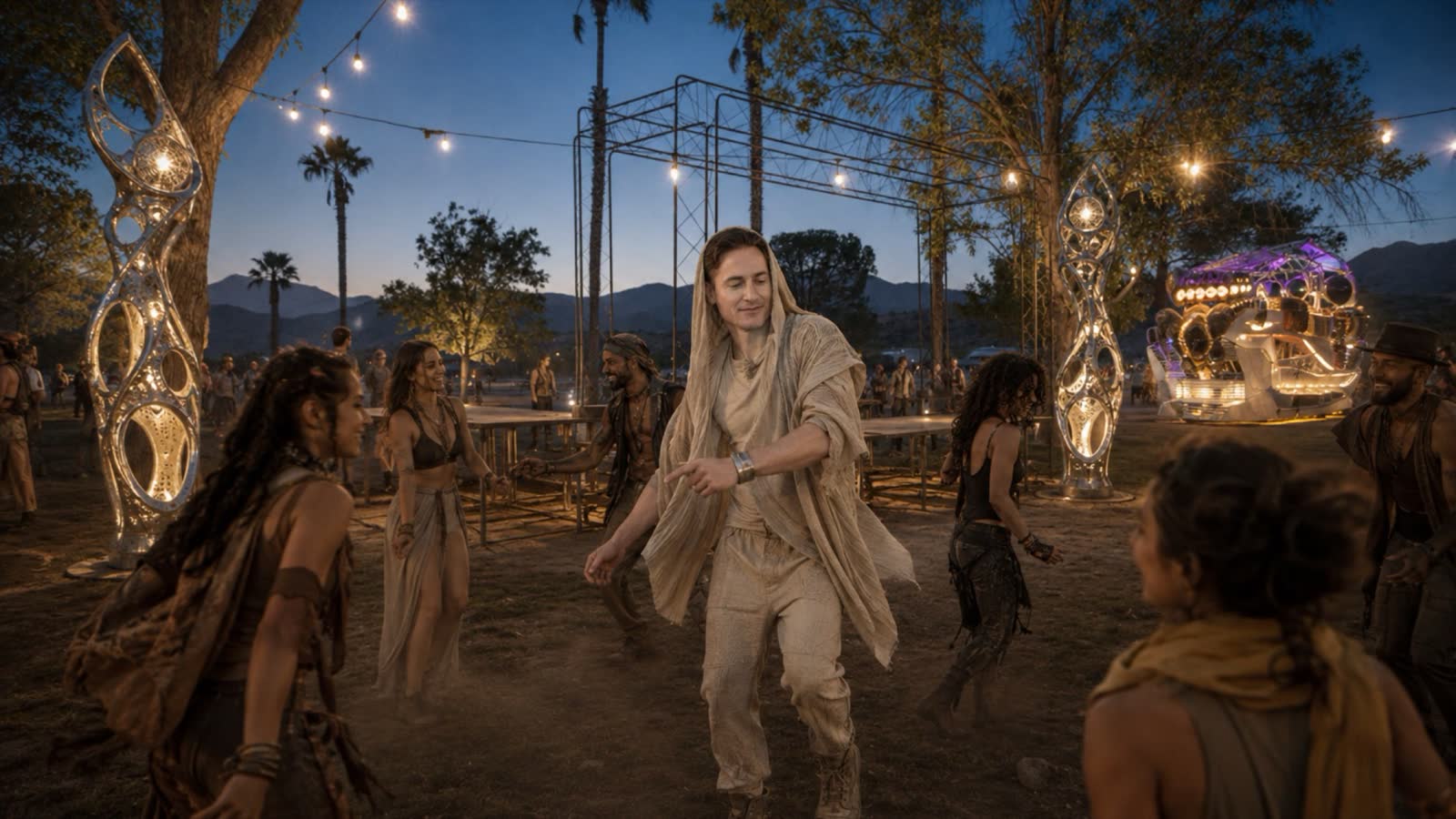 Fictional illustrative scene of Bryan Johnson dancing in dusty festival clothing near the activated stage